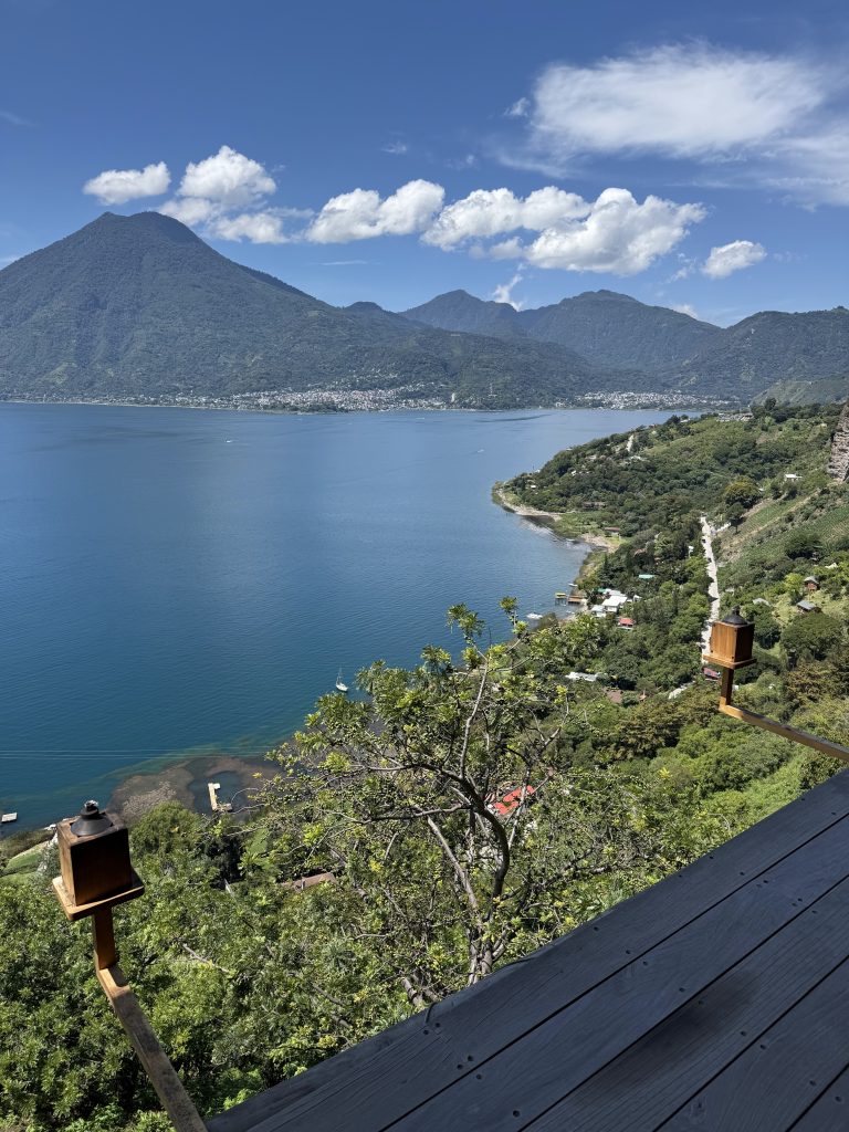 Panoramic Eagle’s Nest viewpoint over Lake Atitlán, volcano and shoreline