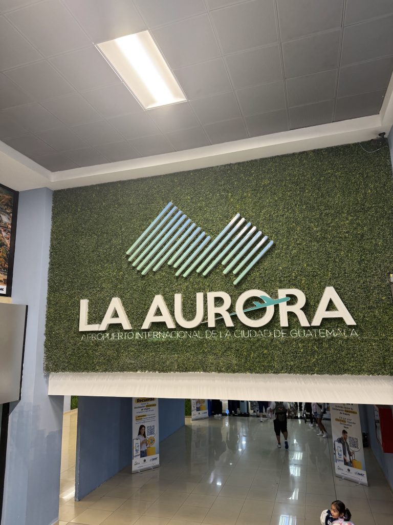 La Aurora International Airport welcome sign in Guatemala City