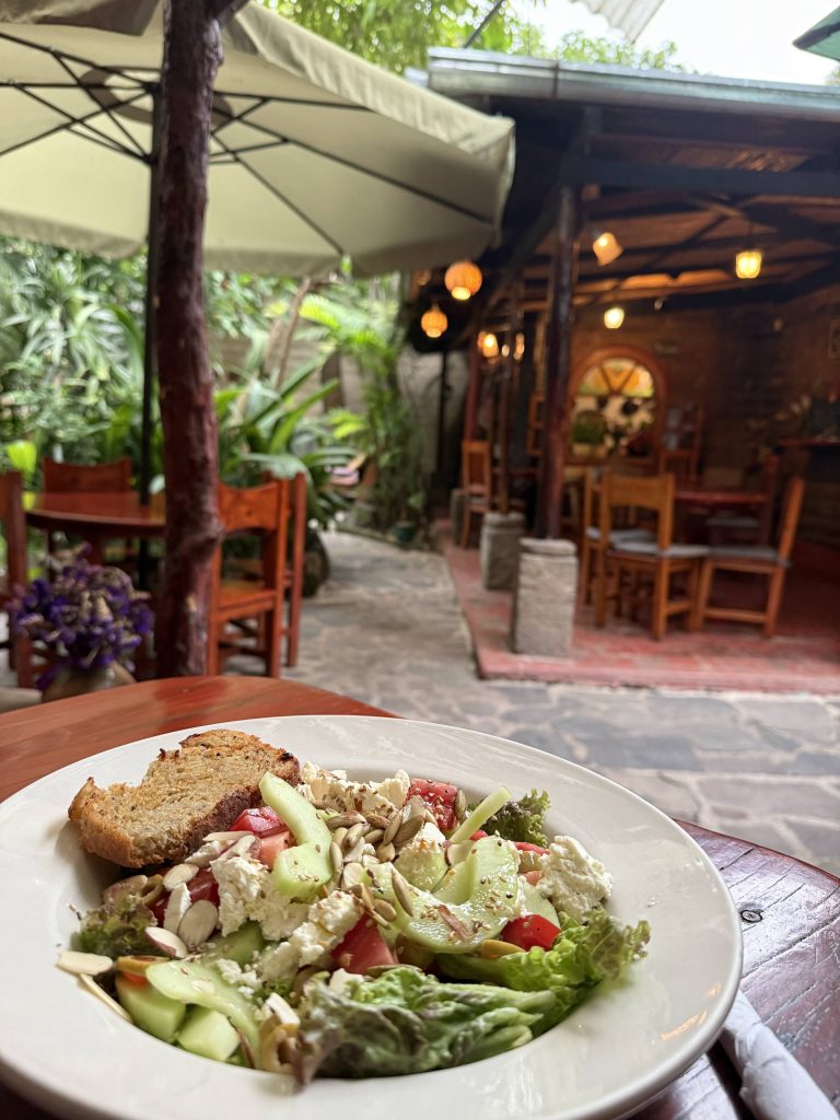 Fresh salad bowl with bread at a leafy garden café in San Marcos La Laguna, Guatemala.