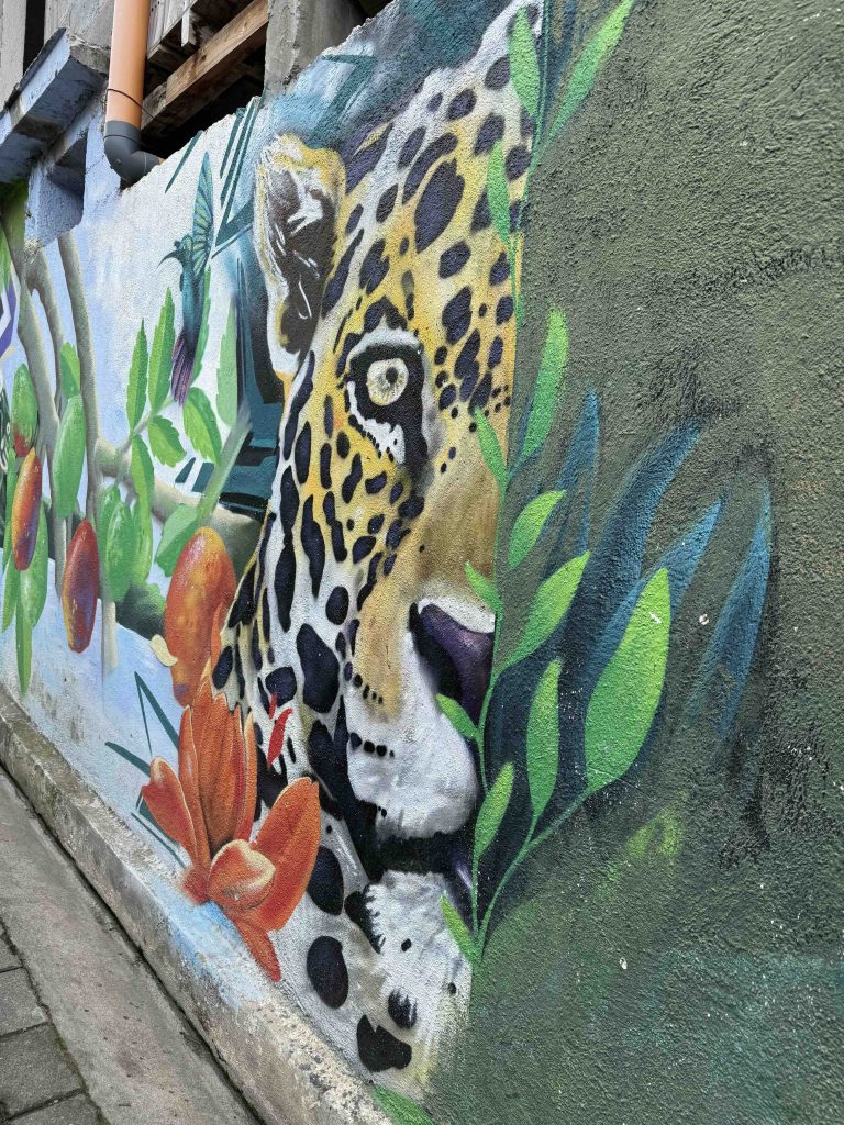 Vibrant jaguar street art mural with flowers and jungle leaves in San Marcos La Laguna.