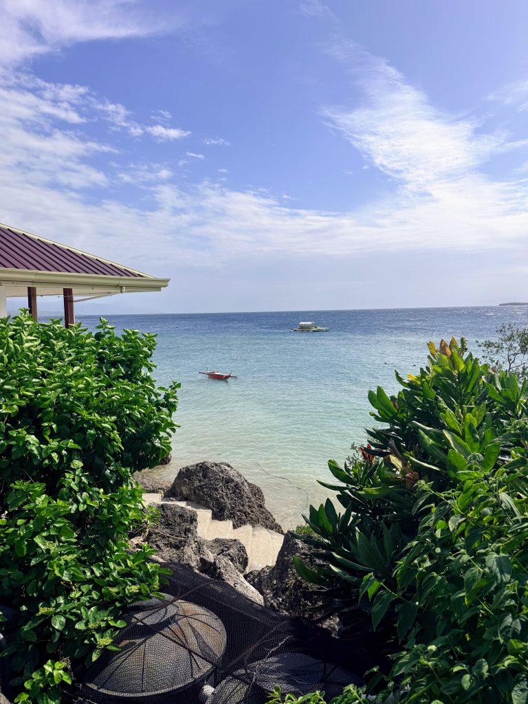 Ocean view from Quo Vadis Dive Resort in Moalboal, Philippines, with tropical greenery and small boats on the water.