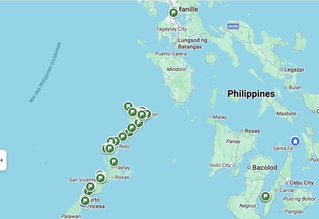 Map of the Philippines showing my travel route through Palawan, including Puerto Princesa, Port Barton, El Nido, Coron, and Moalboal in Cebu.