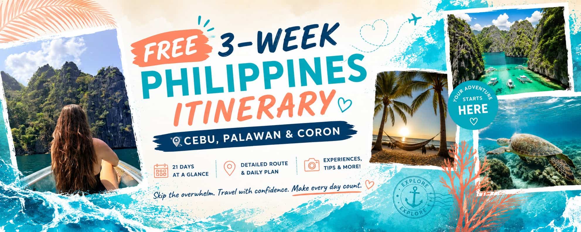 Traveler overlooking Coron limestone cliffs promoting a free 3-week Philippines itinerary covering Cebu, Palawan and Coron
