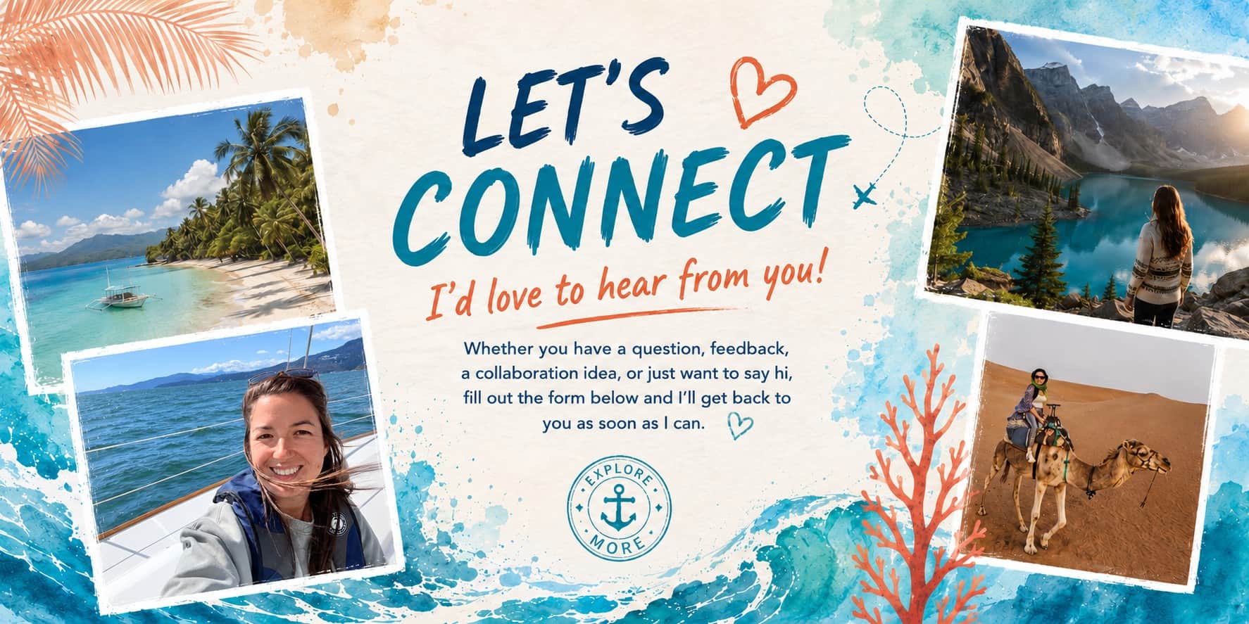 Travel-themed contact page banner with tropical beaches, mountain scenery, desert travel, and the words “Let’s Connect.”