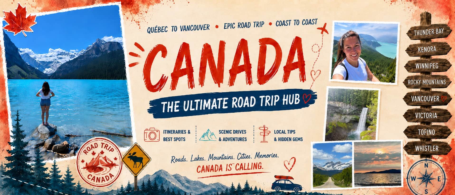 Canada road trip banner featuring a turquoise mountain lake, scenic highway, waterfall, Vancouver sunset, and a Québec-to-Vancouver route.
