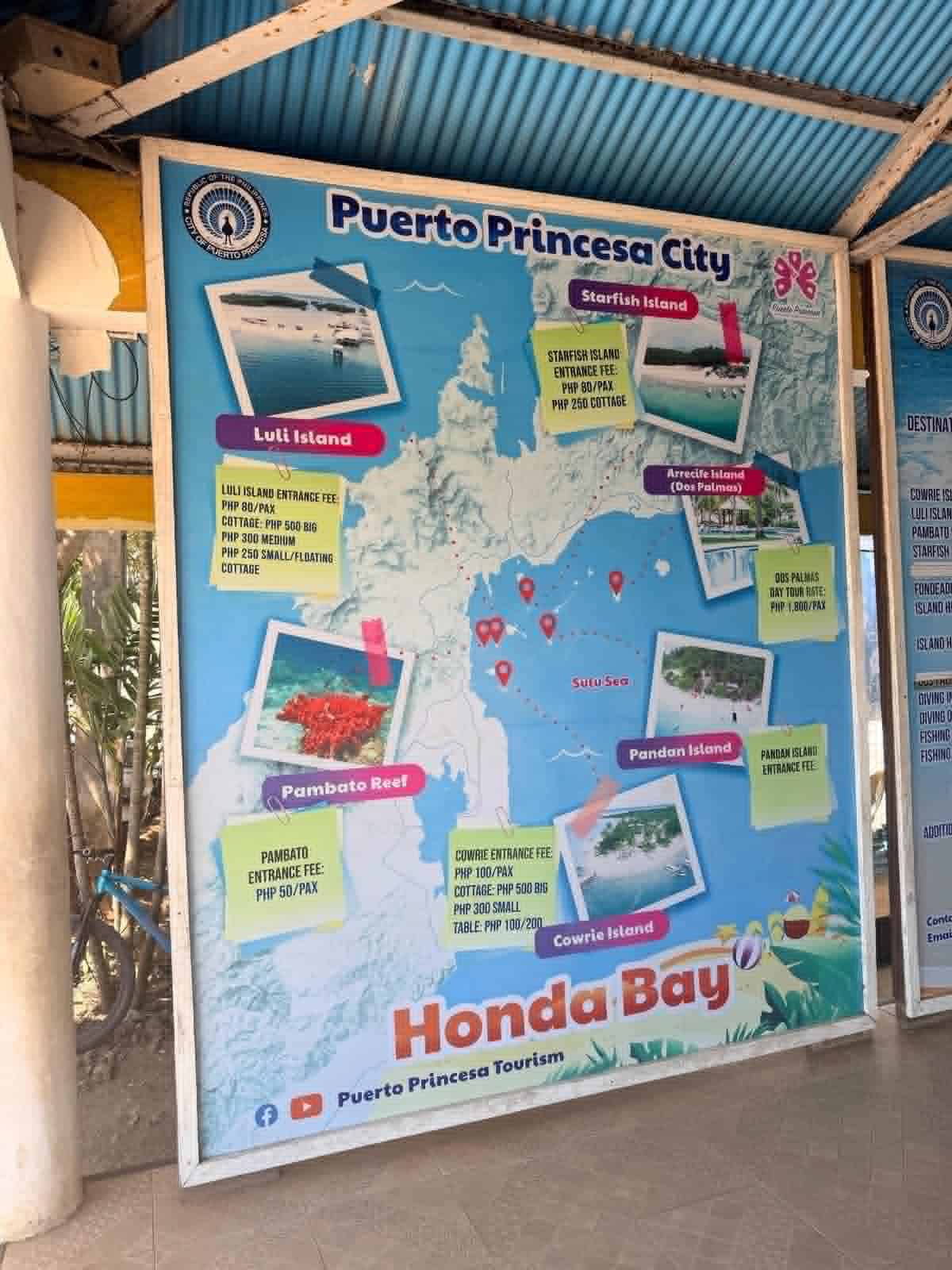 Honda Bay island hopping map board at Puerto Princesa wharf showing Luli Island, Starfish Island, Cowrie Island, and Pambato Reef