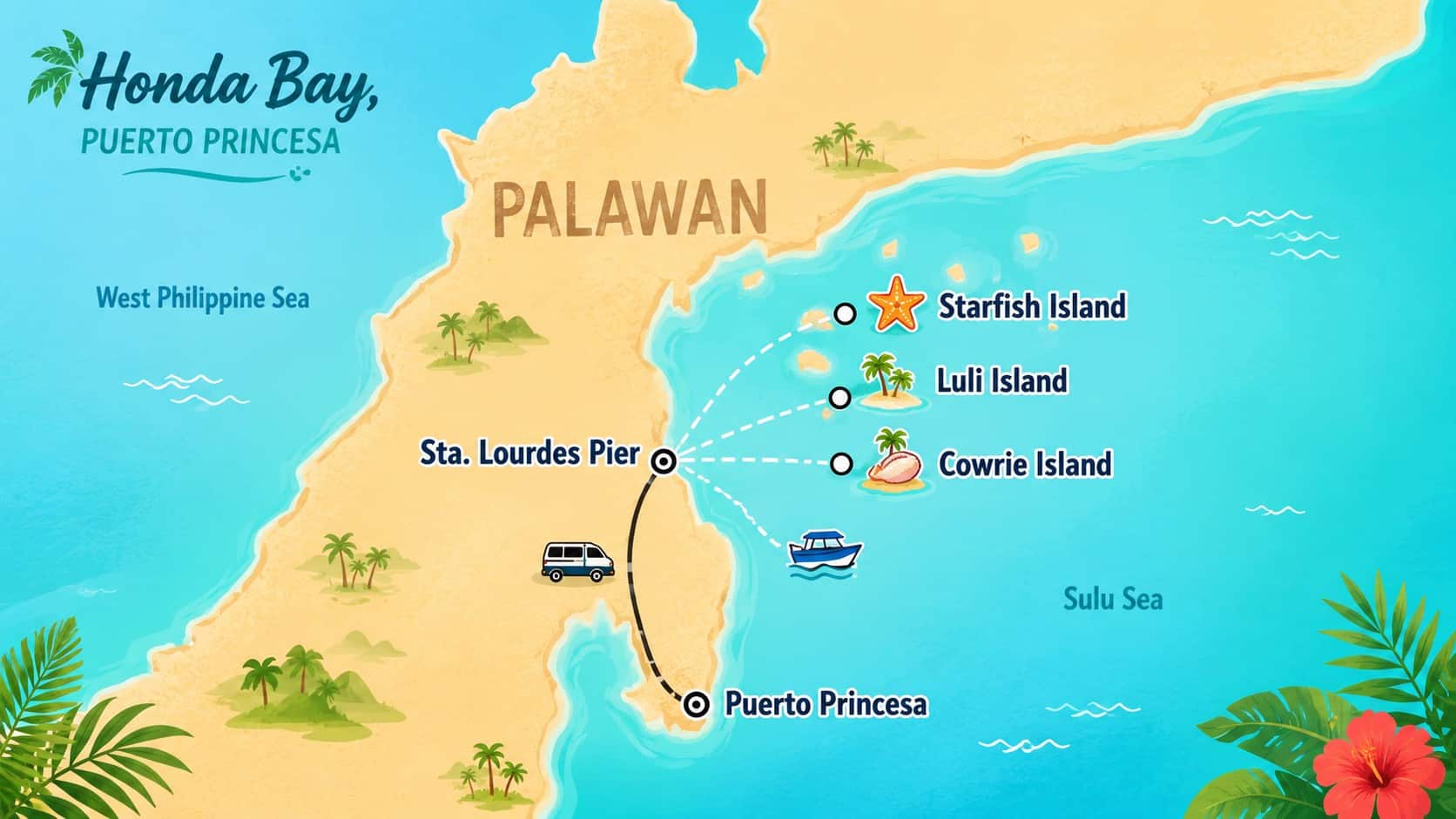 Tropical map of Honda Bay in Puerto Princesa, Palawan, showing Sta. Lourdes Pier, Cowrie Island, Luli Island, and Starfish Island