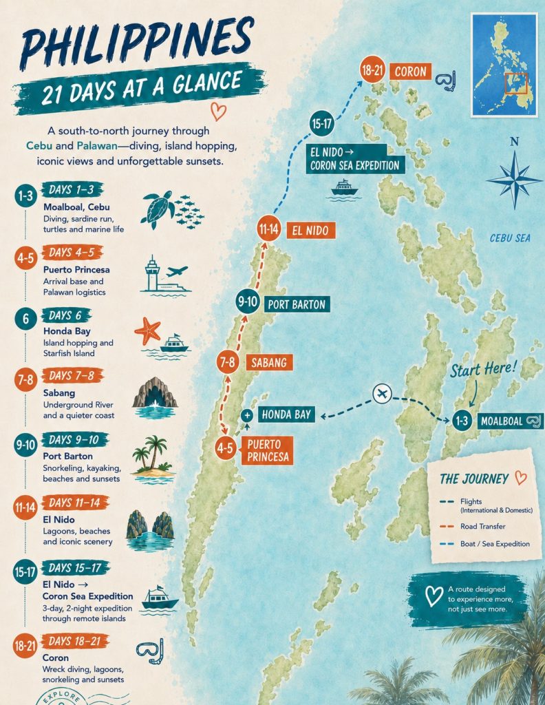 Map of a 3-week Philippines itinerary showing the 21-day travel route through Cebu, Puerto Princesa, Sabang, Port Barton, El Nido and Coron.