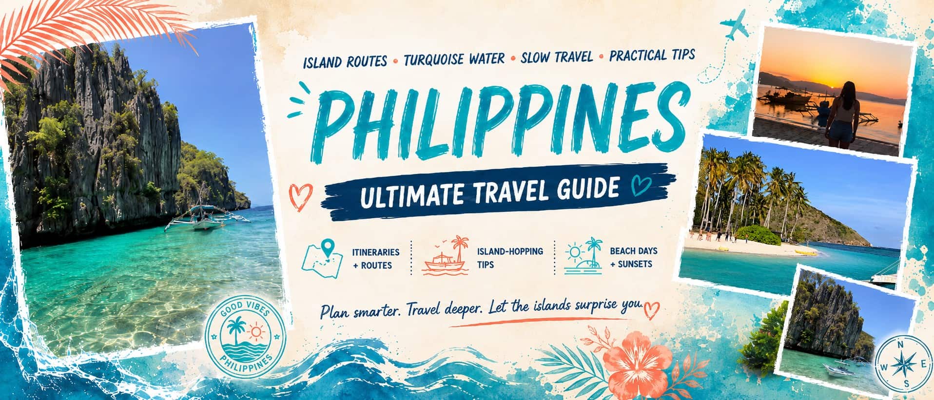 Philippines travel guide banner featuring turquoise lagoons, limestone cliffs, tropical beaches, palm trees, outrigger boats, and a sunset.