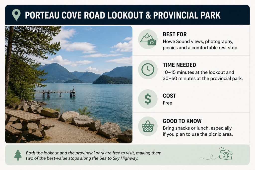 Porteau Cove travel guide showing Howe Sound views, picnic tables, visit times, free admission and practical stop information.