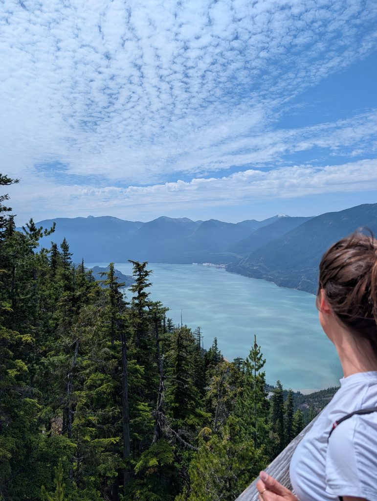 Visitor overlooking Howe Sound from the Sea to Sky Gondola Panorama Trail