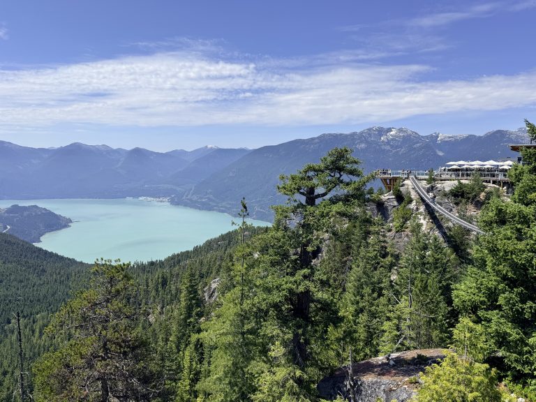 Sea to Sky Gondola suspension bridge overlooking Howe Sound and the mountains