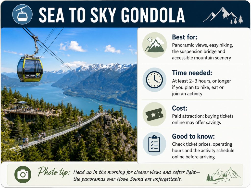 Sea to Sky Gondola guide showing panoramic Howe Sound views, the suspension bridge, easy hiking, visit time and ticket tips.