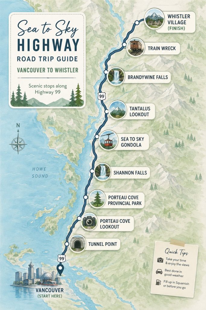 llustrated Sea to Sky Highway road trip map from Vancouver to Whistler with scenic stops including Tunnel Point, Porteau Cove, Shannon Falls, Sea to Sky Gondola, Tantalus Lookout, Brandywine Falls, and Train Wreck.