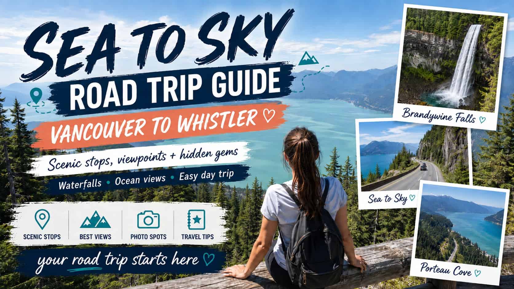Sea to Sky road trip guide banner featuring a traveller overlooking Howe Sound, with Brandywine Falls, Porteau Cove and scenic highway views between Vancouver and Whistler.