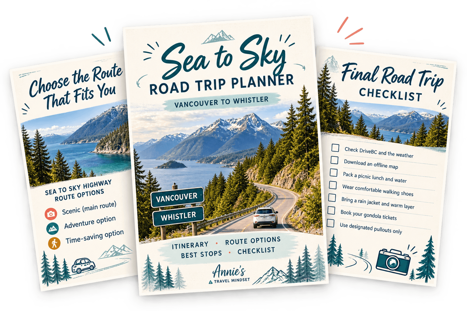 Three-page Sea to Sky road trip planner with Vancouver to Whistler itinerary, route options and final checklist