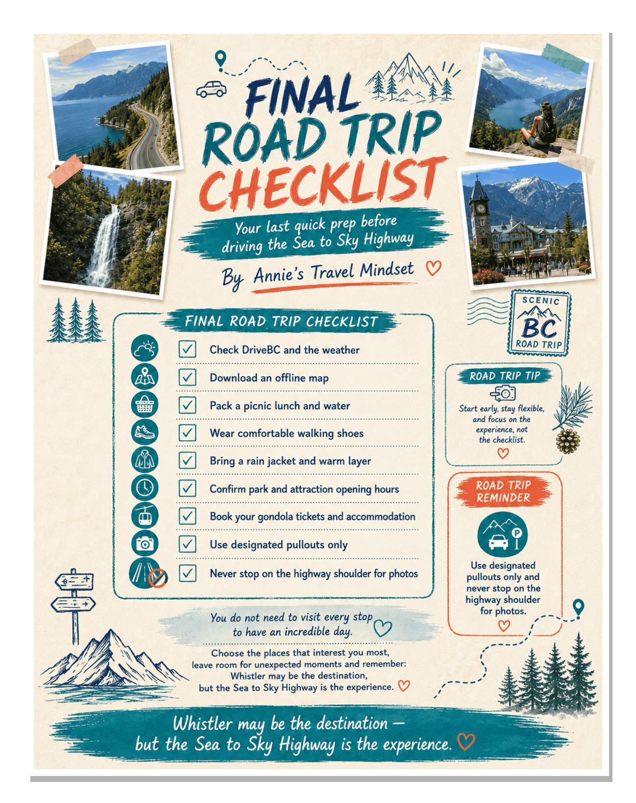 Sea to Sky road trip planner final checklist with packing, safety and trip preparation reminders