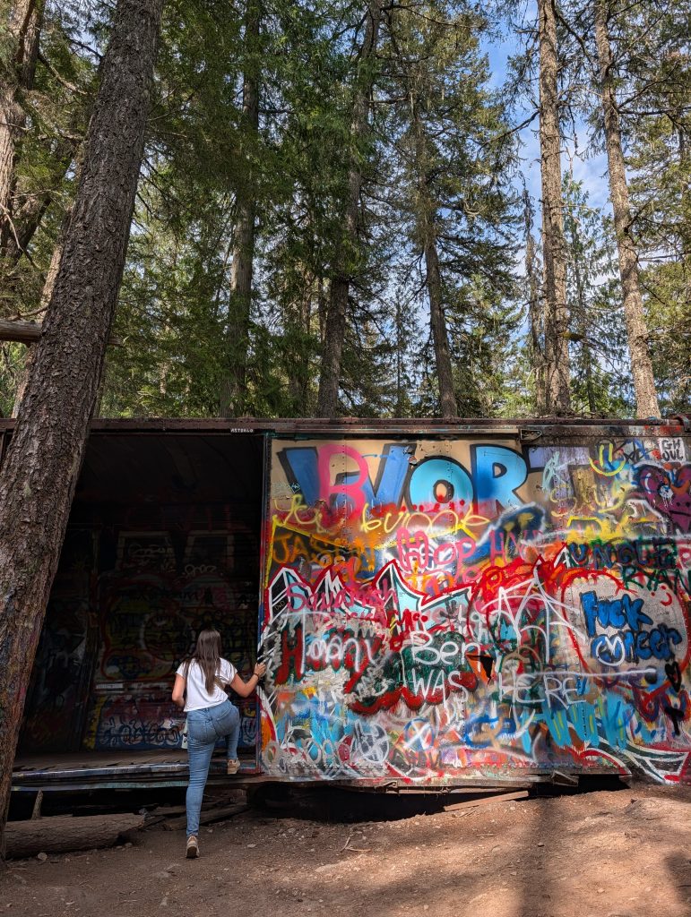 Visitor exploring a graffiti-covered boxcar at the Whistler Train Wreck