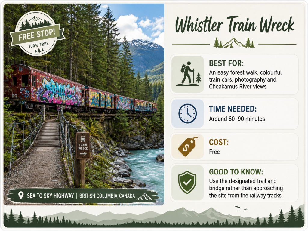 Whistler Train Wreck guide showing colourful train cars, an easy forest trail, Cheakamus River views, free entry and safety tips.