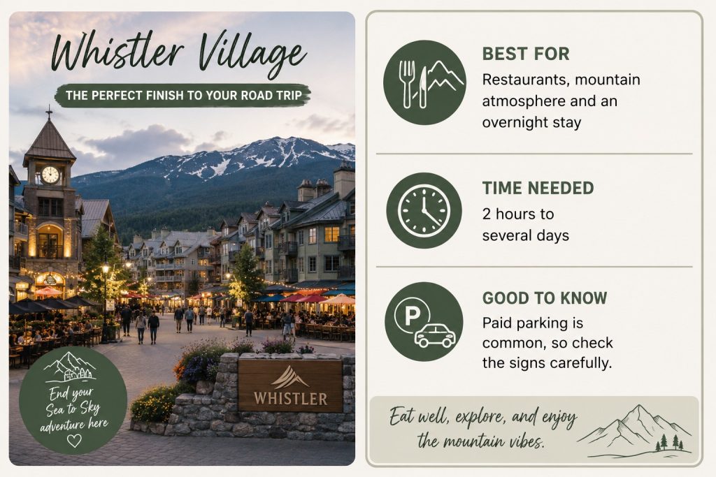 Whistler Village travel guide showing restaurants, mountain scenery, suggested visit time and paid parking information.