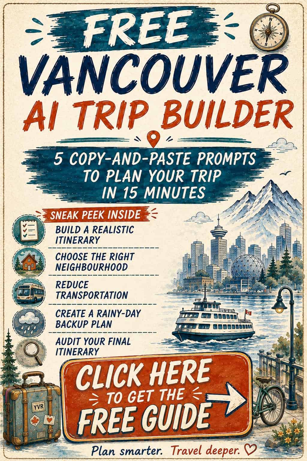 Plan your Vancouver trip faster with 5 free AI prompts for itineraries, neighbourhoods, transportation, rainy days and smarter trip planning.