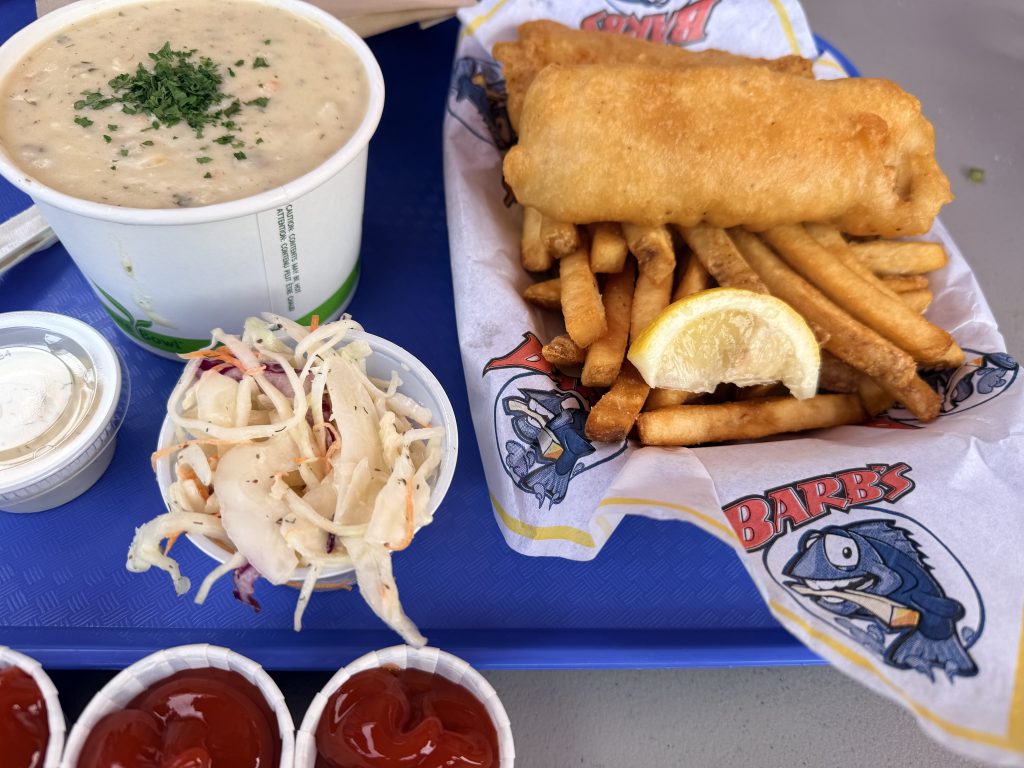 Fish and chips, seafood chowder and coleslaw served at Barb’s Fish and Chips in Victoria.