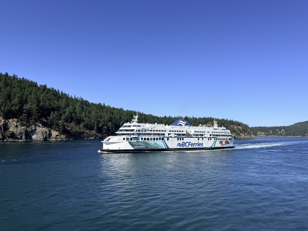 BC Ferries vessel sailing through the coastal waters between Swartz Bay and Vancouver, British Columbia.