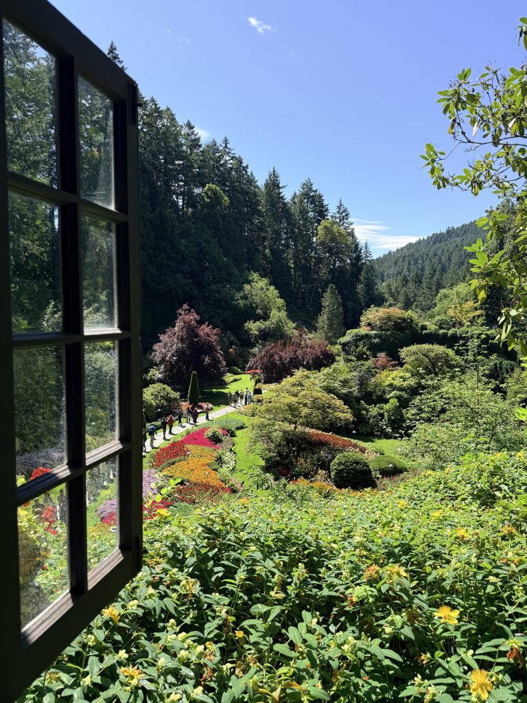 View over the colourful landscaped gardens at The Butchart Gardens on Vancouver Island.
