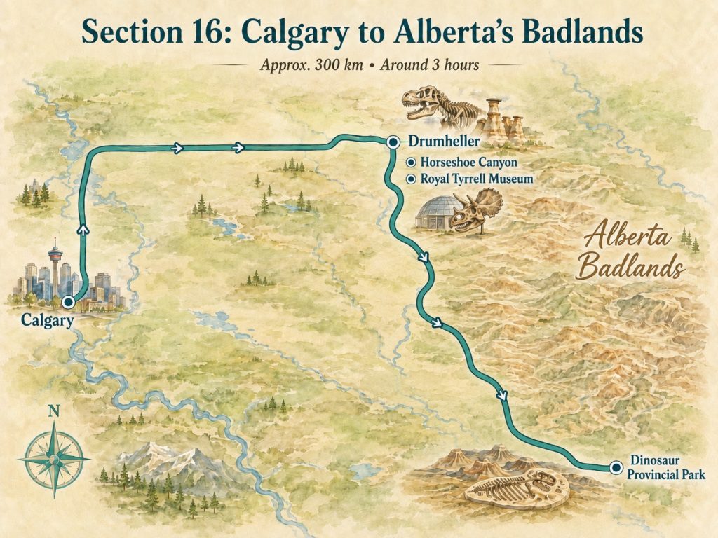 Illustrated map of the route from Calgary to Alberta’s Badlands, showing stops in Drumheller, Horseshoe Canyon, Royal Tyrrell Museum, and Dinosaur Provincial Park, with the route continuing from Drumheller south to Dinosaur Provincial Park.