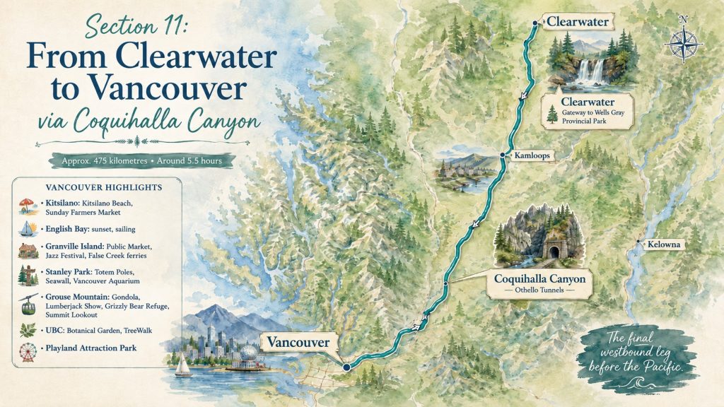 Map of the Clearwater to Vancouver road trip route via Coquihalla Canyon and the Othello Tunnels, with Vancouver highlights including Kitsilano, English Bay, Granville Island, Stanley Park, Grouse Mountain, UBC and Playland.