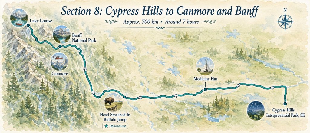 Map of the route from Cypress Hills to Canmore and Banff, highlighting Medicine Hat, the optional Head-Smashed-In Buffalo Jump stop, Canmore, Banff National Park, and Lake Louise.