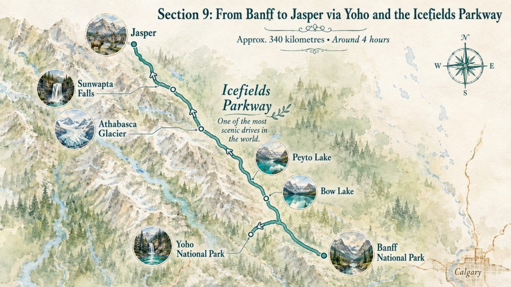 Map of the Banff to Jasper route via Yoho National Park and the Icefields Parkway, highlighting Bow Lake, Peyto Lake, Athabasca Glacier and Sunwapta Falls along one of the world’s most scenic drives.