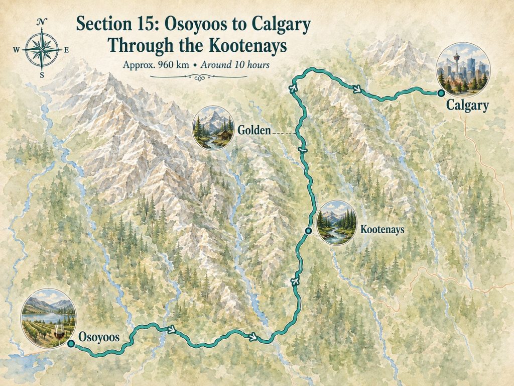Map of the Osoyoos to Calgary road trip route through the Kootenays, highlighting Golden, mountain scenery and the return journey east through British Columbia and Alberta.