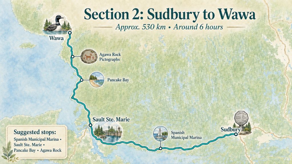 Map of the Sudbury to Wawa road trip route in Northern Ontario, highlighting Spanish Municipal Marina, Sault Ste. Marie, Pancake Bay and Agawa Rock Pictographs along the way.