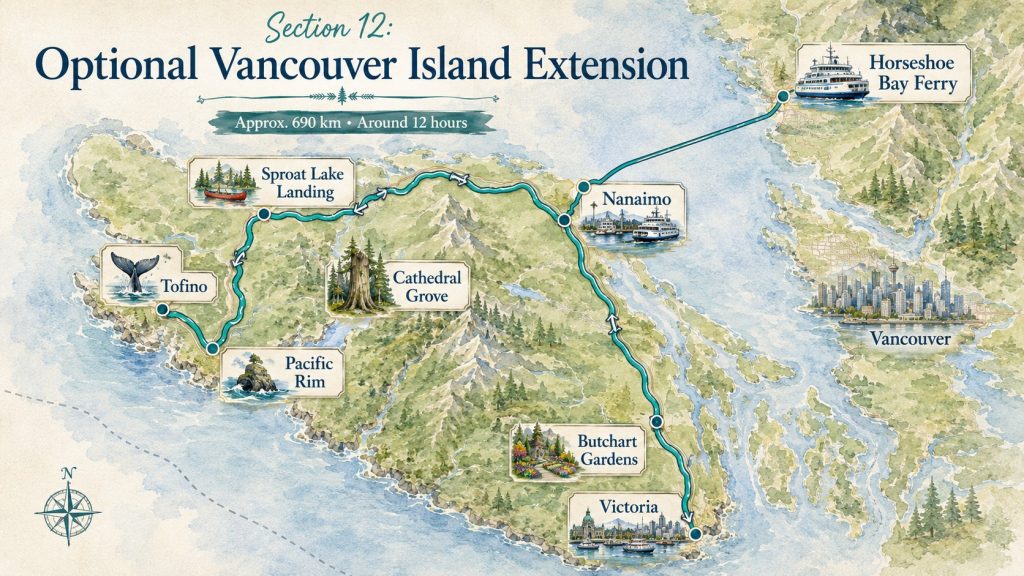 Map of the optional Vancouver Island road trip extension from Vancouver via Horseshoe Bay Ferry to Nanaimo, Tofino, Pacific Rim, Sproat Lake Landing, Cathedral Grove, Butchart Gardens and Victoria.