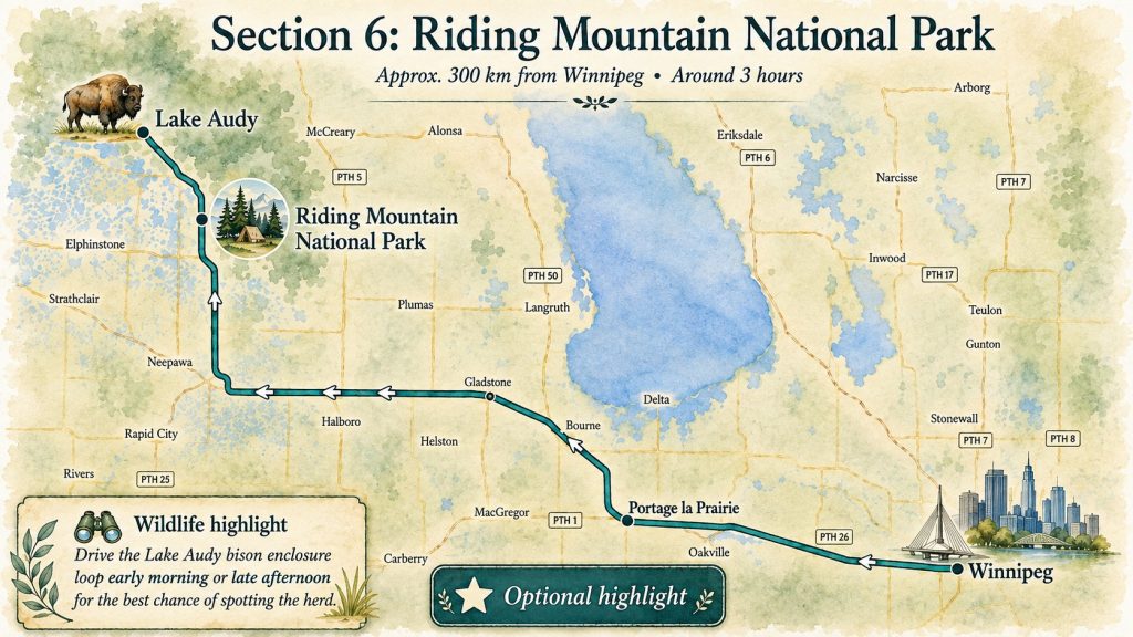 Map of the route from Winnipeg to Riding Mountain National Park, highlighting Portage la Prairie, Riding Mountain, and Lake Audy, with a bison icon and a note that early morning or late afternoon offers the best chance to spot the herd.