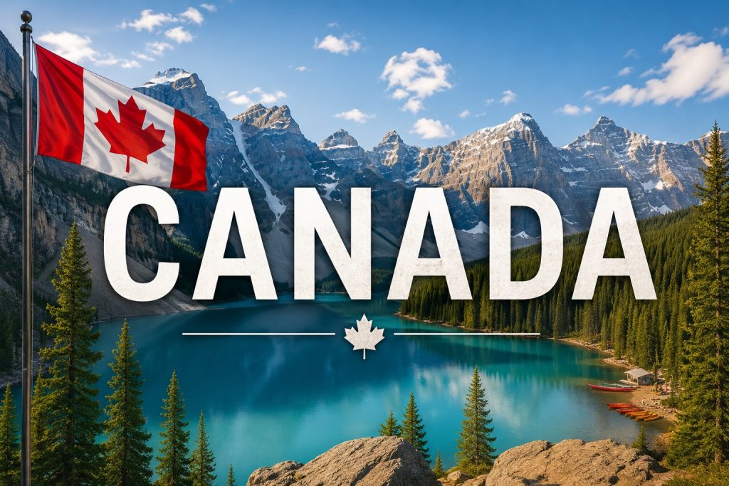 Canadian mountain lake surrounded by evergreen forest and snow-capped peaks