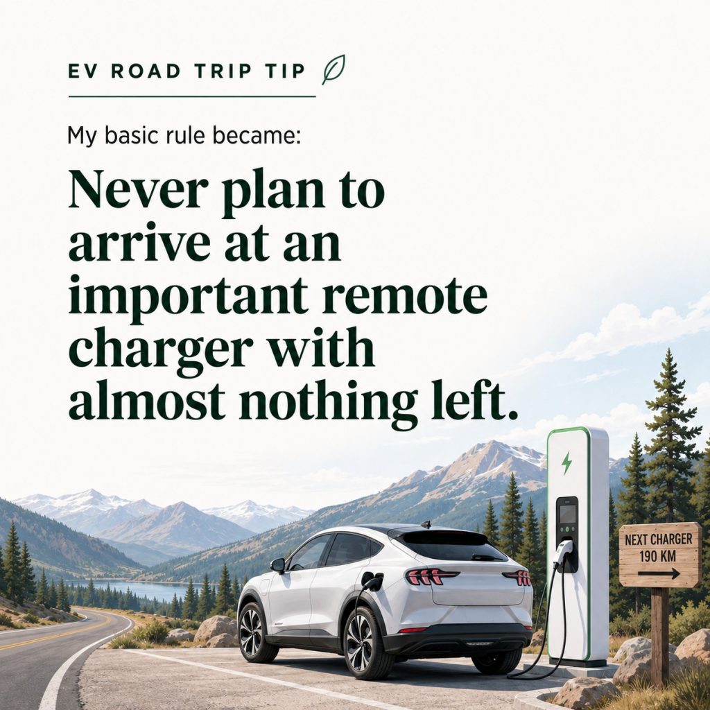 Mustang Mach-E charging in the Canadian Rockies with an EV road trip tip to avoid reaching remote chargers with a nearly empty battery.