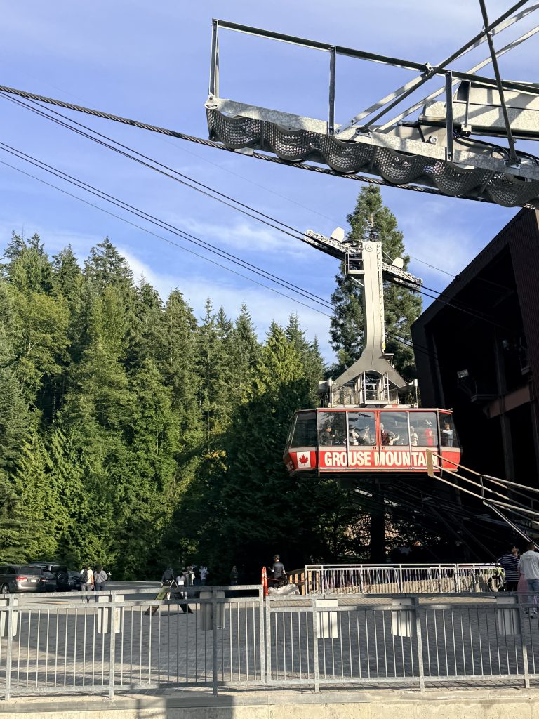 Summer landscape on Grouse Mountain with green alpine vegetation and views toward Vancouver.