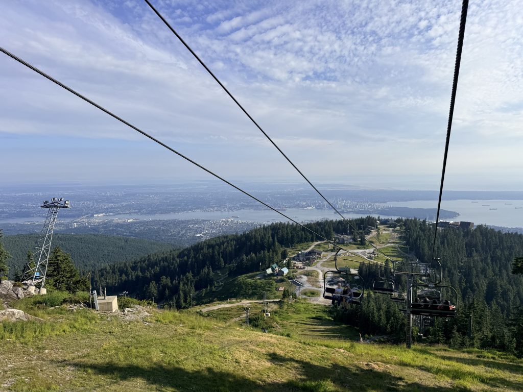 Panoramic view from Grouse Mountain over Vancouver, Burrard Inlet and the surrounding forest.