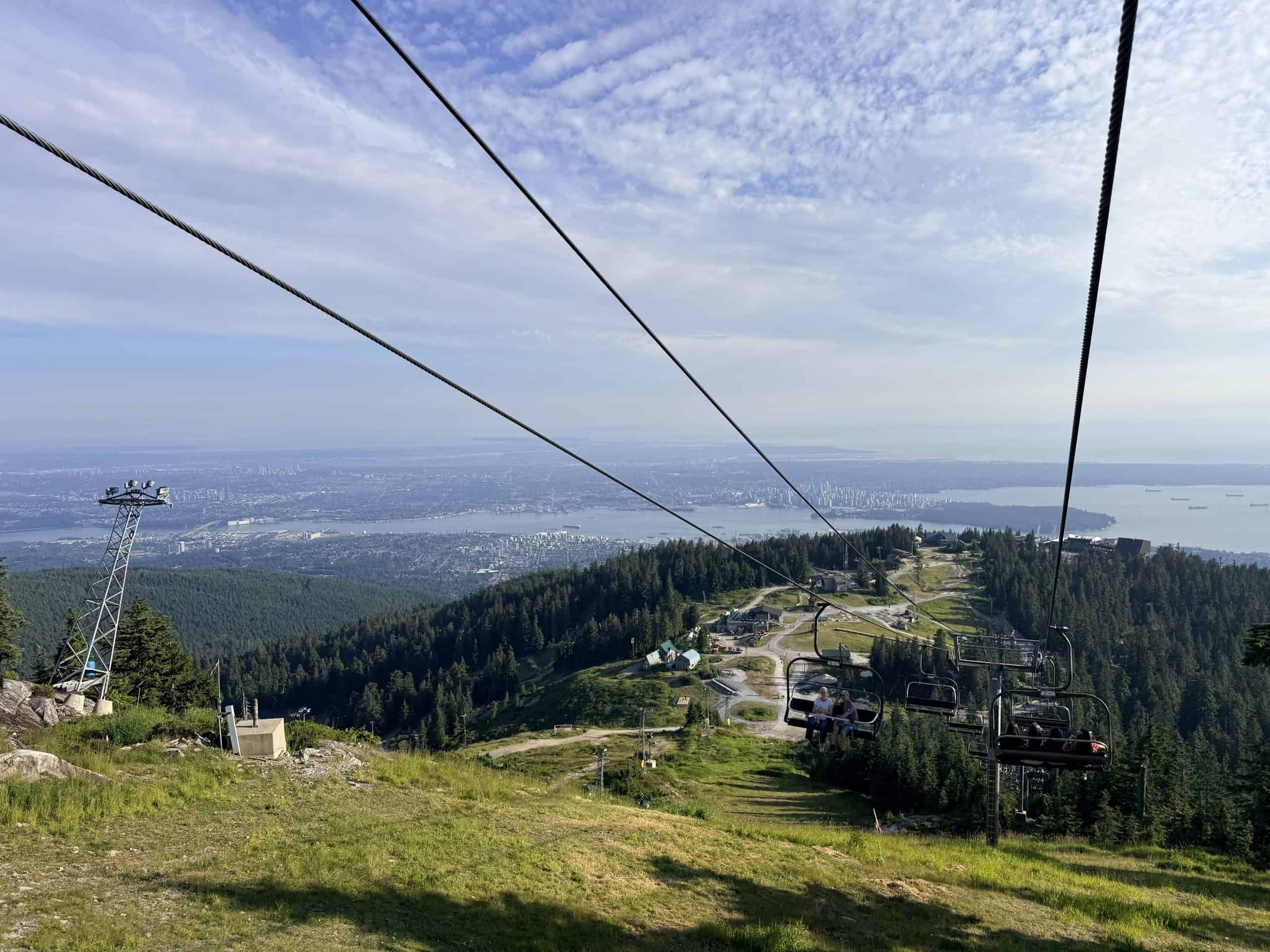 Panoramic view from Grouse Mountain over Vancouver, Burrard Inlet and the surrounding forest.