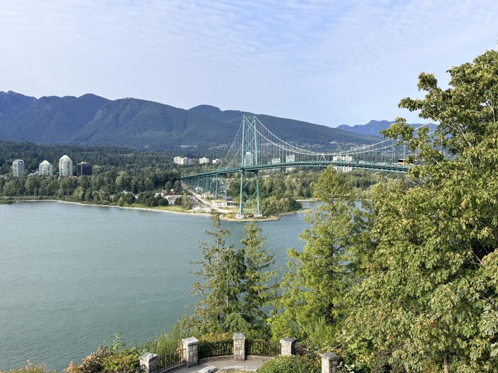 Lions Gate Bridge and North Shore mountains viewed from Stanley Park in Vancouver.