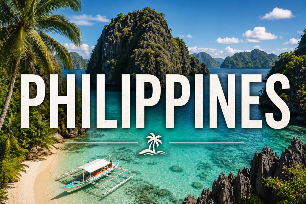 Turquoise lagoon in the Philippines with limestone cliffs, palm trees and a traditional outrigger boat