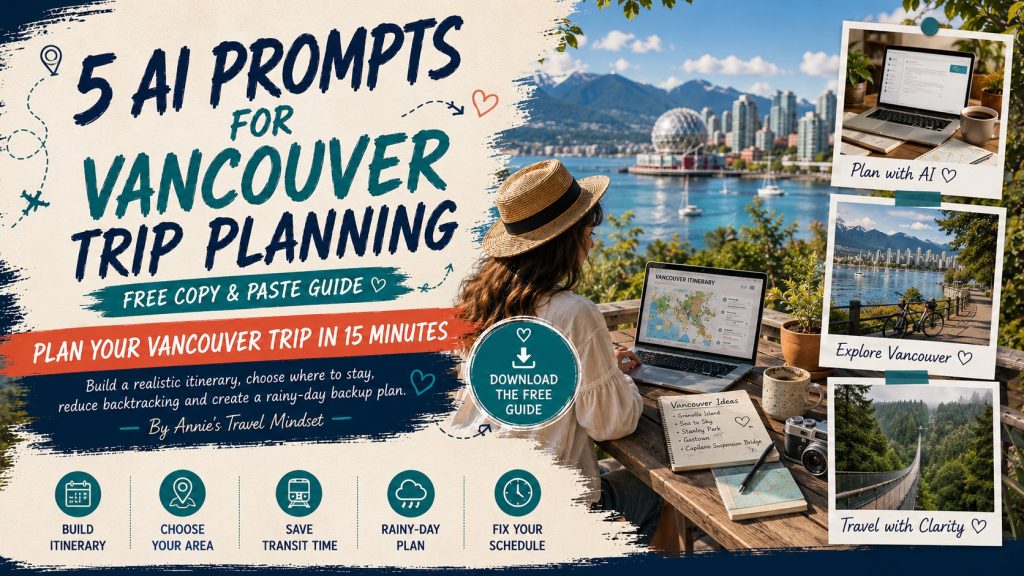 ancouver AI Trip Builder graphic promoting 5 free AI prompts to build an itinerary, choose where to stay, reduce transit time and plan rainy days.