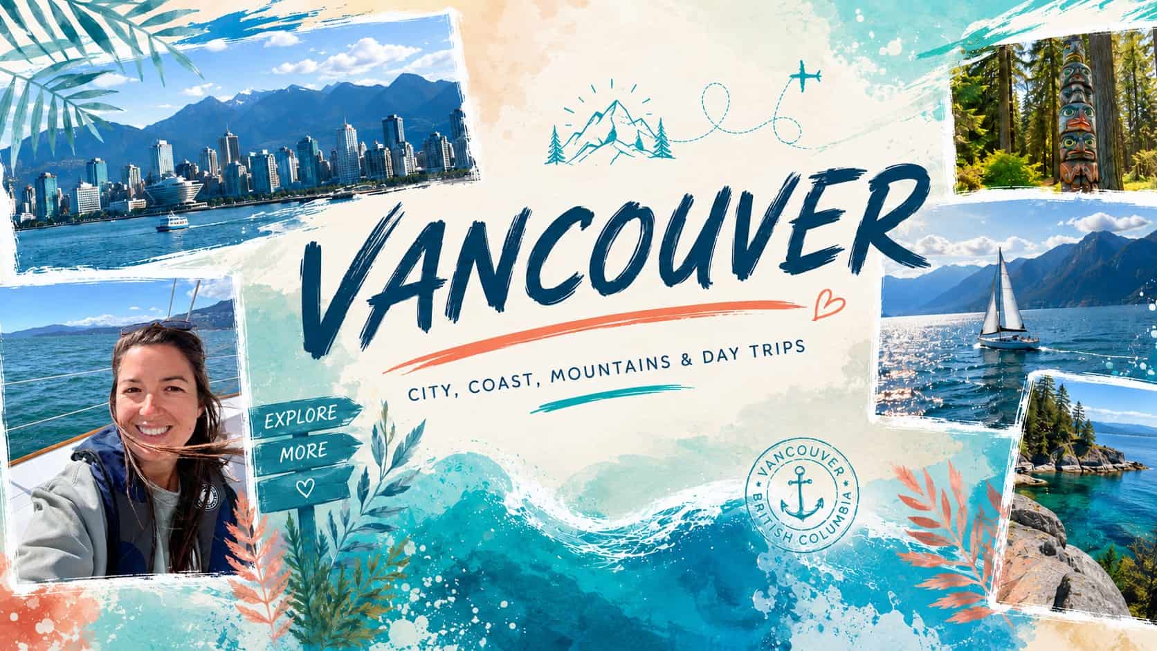 Vancouver travel guide banner featuring the city skyline, mountains, sailing, coastal scenery, and Annie sailing in Vancouver.