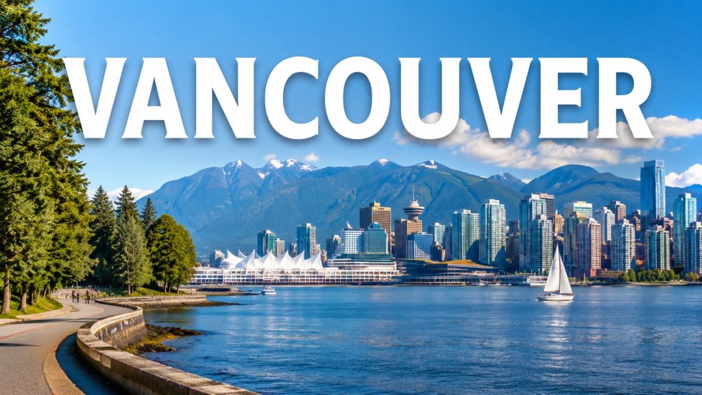 Vancouver skyline and waterfront with mountains in the background and the word Vancouver displayed prominently.