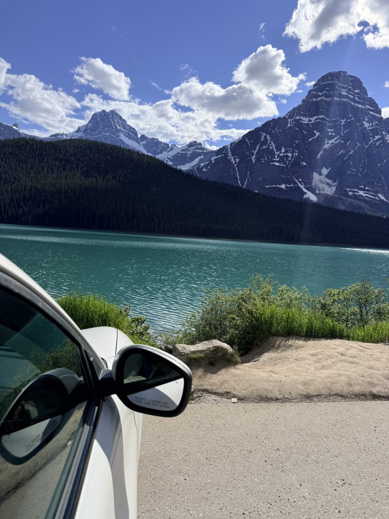 Turquoise Waterfowl Lakes surrounded by dramatic Rocky Mountain peaks along the Icefields Parkway.