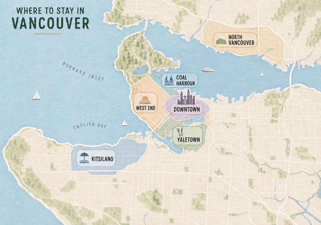 Illustrated map of the best areas to stay in Vancouver, including Coal Harbour, Downtown, West End, Yaletown, Kitsilano and North Vancouver.