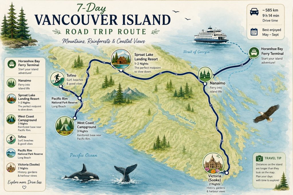 Illustrated 7-day Vancouver Island road trip route from Horseshoe Bay to Nanaimo, Sproat Lake, Tofino, Pacific Rim and Victoria.