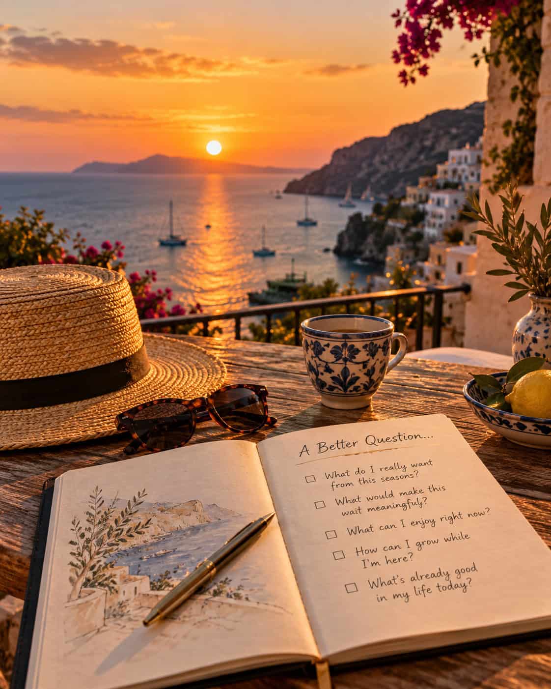 Open travel journal on a seaside terrace at sunset with handwritten reflection questions, a sunhat, sunglasses and a coffee cup.